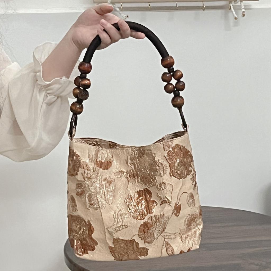 Summer Brown Retro Jacquard Underarm Bag Ins New Chinese Style Wood Bead Woven Chain One-shoulder Bucket Bag for Women
