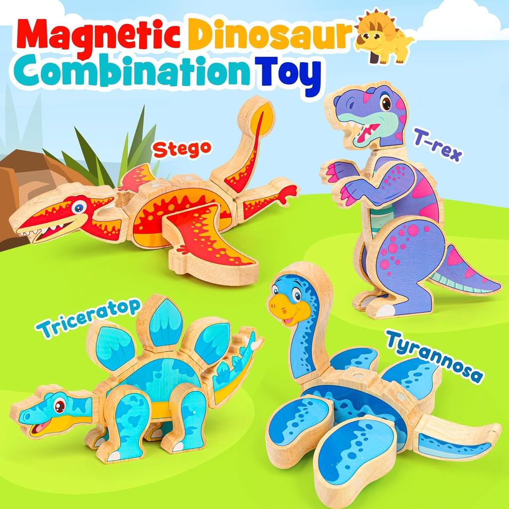 Dinosaur Toys for Kids 3-5,Wooden Magnetic Dino Take Apart Building Blocks Toys for Fine Motor Skills & Creative Play,Easter Basket Stuffers for
