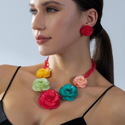Retro Acrylic Floral Jewelry Set: Statement Necklace & Earrings