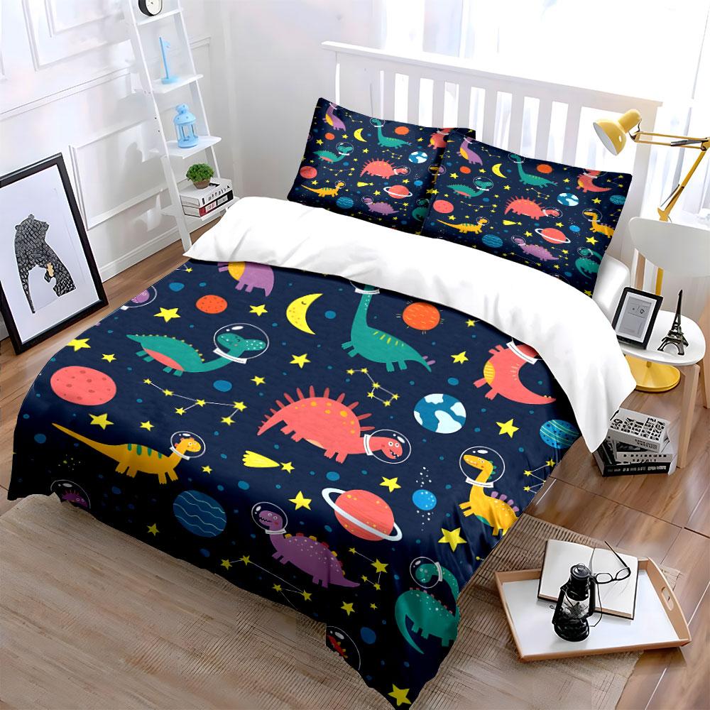Ensemble de décoration Dinosaure de l'espace pour enfants Ensemble de literie Avec 1 housse de couette 2 taies d'oreiller Simple Double King Queen, Cadeau