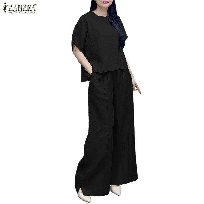 ZANZEA Women Short Sleeve Blouse and Pants Summer Two Piece Suit Sets