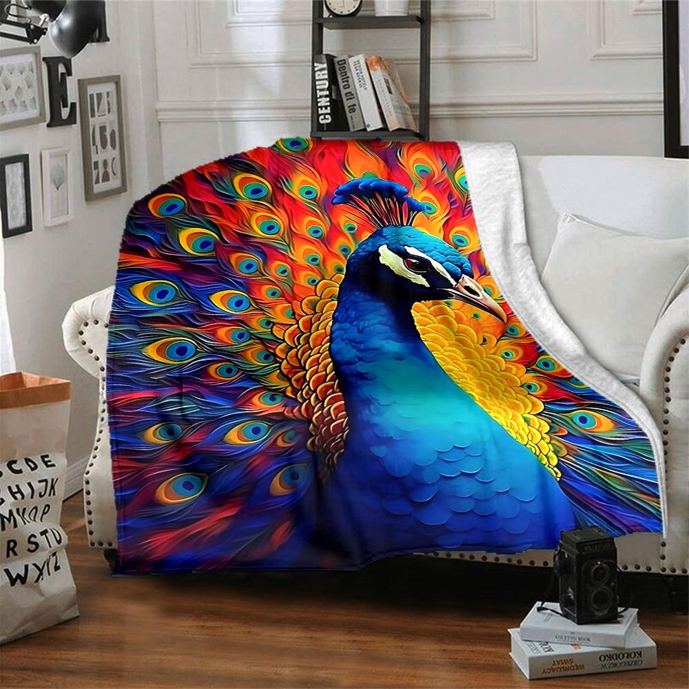 1pc Peacock Feathers Lightweight Flannel Blanket, Comfortable and Warm Blanket, for Office and Camping Sofa Bed, Livingroom046
