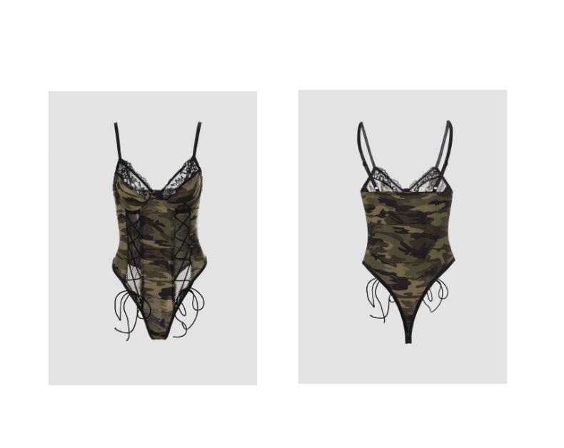 Quick-Delivery Camouflage Lace Hollow-Out Bandage Bodysuit