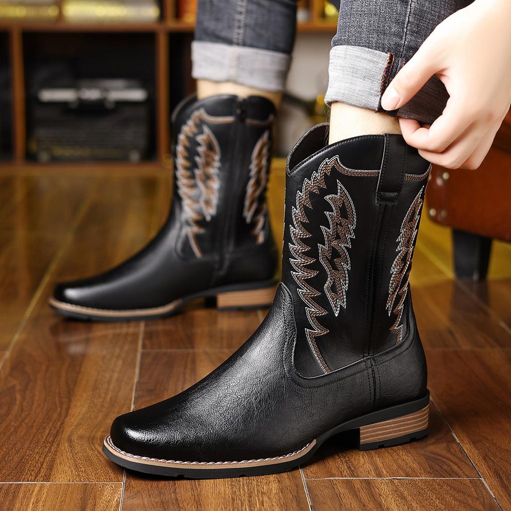 Fashion Autumn Winter New Western Cowboy Ankle Boots for Men Fashion Designer Embroidered Knight Boots Male Big Size Leather Shoes Man