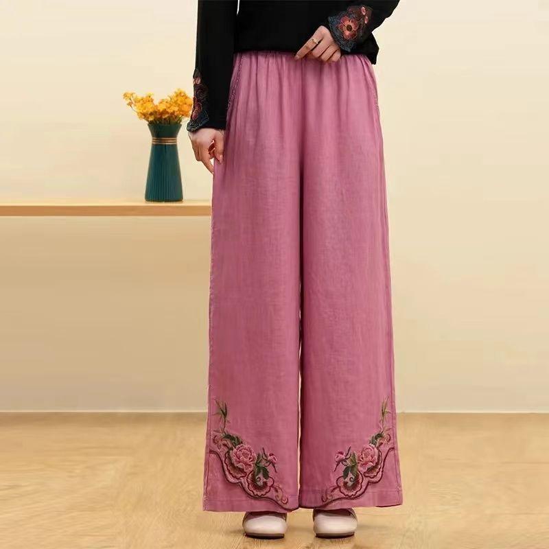Retro Chinesischer Stil Lockere Bestickte Weitbeinige Hose für Damen Hohe Taille Freizeithose Gerades Bein Hose für Damen