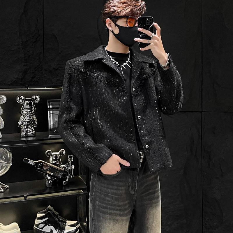 

Мужская куртка в стиле потертого денима с блестящей полосой и рваными краями, повседневная уличная одежда, топ S чёрный