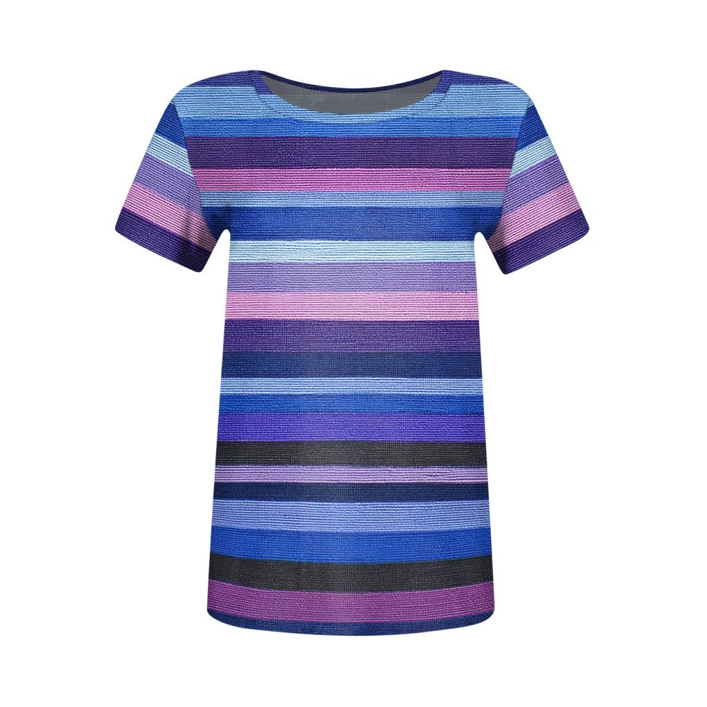 Damen Freizeitmode Rundhals Gestreiftes Print Kurzarm Geripptes Oberteil