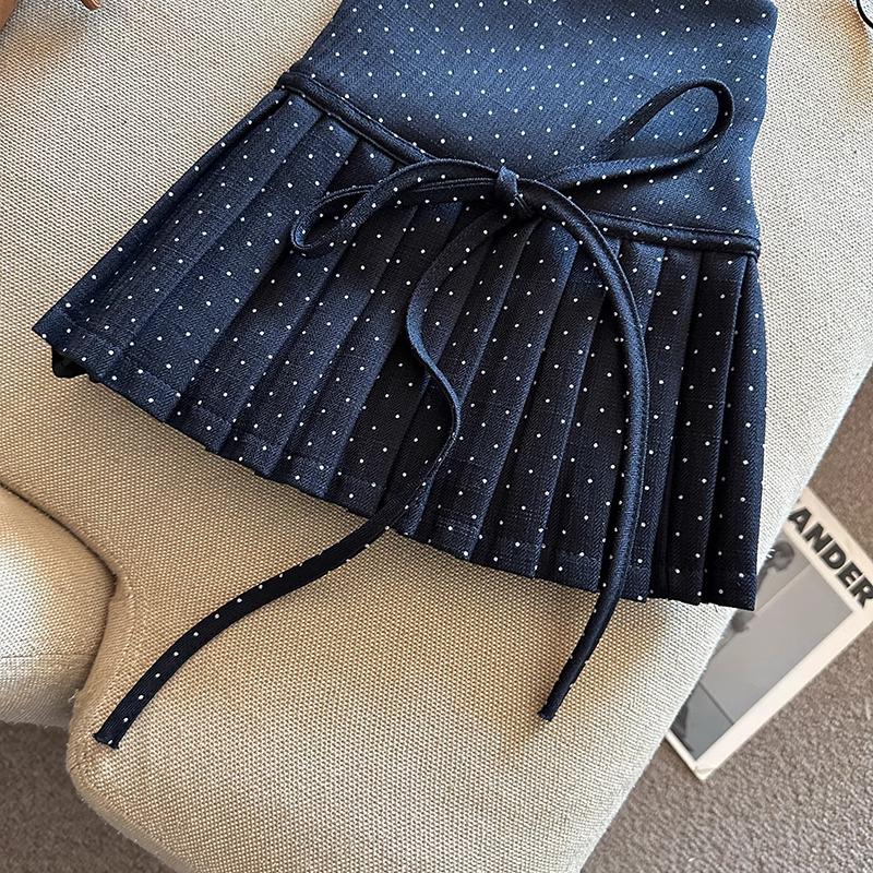 Women's Polka Dot A-Line Pleated Skirt with Bow Tie - Petite Christmas Red