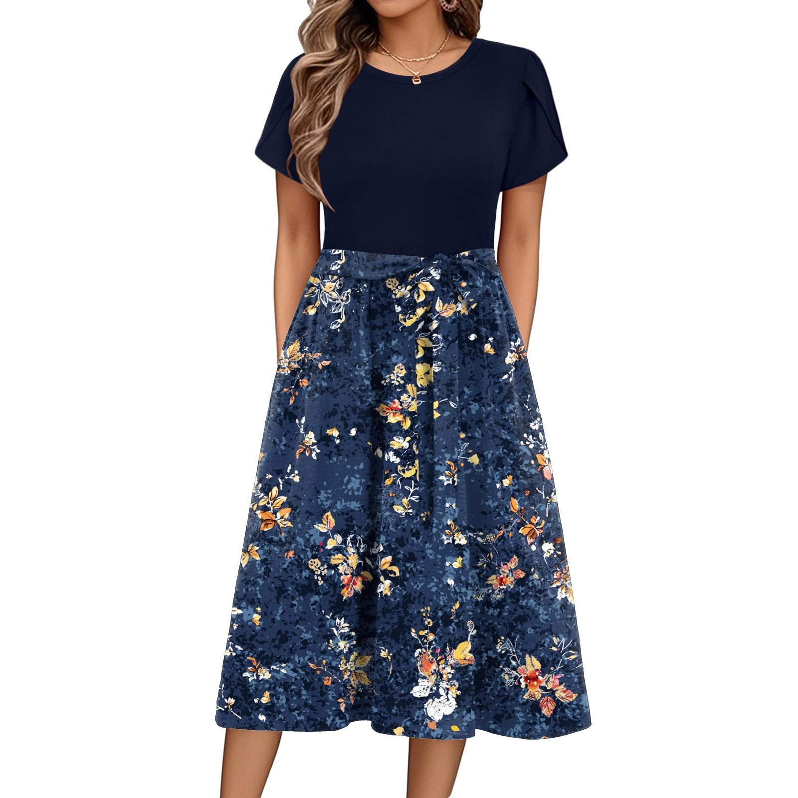 

Жіноча повсякденна милий візерунок друку круглий виріз міді сукня базова класична відкрита повсякденна сукня з короткими рукавами вільного крою XL