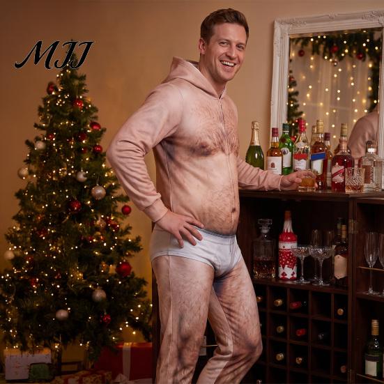Relaxed Fit Rompers Funny 3D Dad Bod Onesie for Men, Ugly Halloween One-Piece Romper Soft Loungewear Men with Hood, Zip Up Long Sleeve Jumpsuit,
