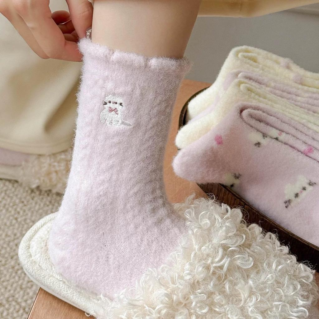 Australian Velvet Socks Pink Purple Cat Cute Animal Cartoon Embroidered Socks Warm Confinement Socks Floor Socks