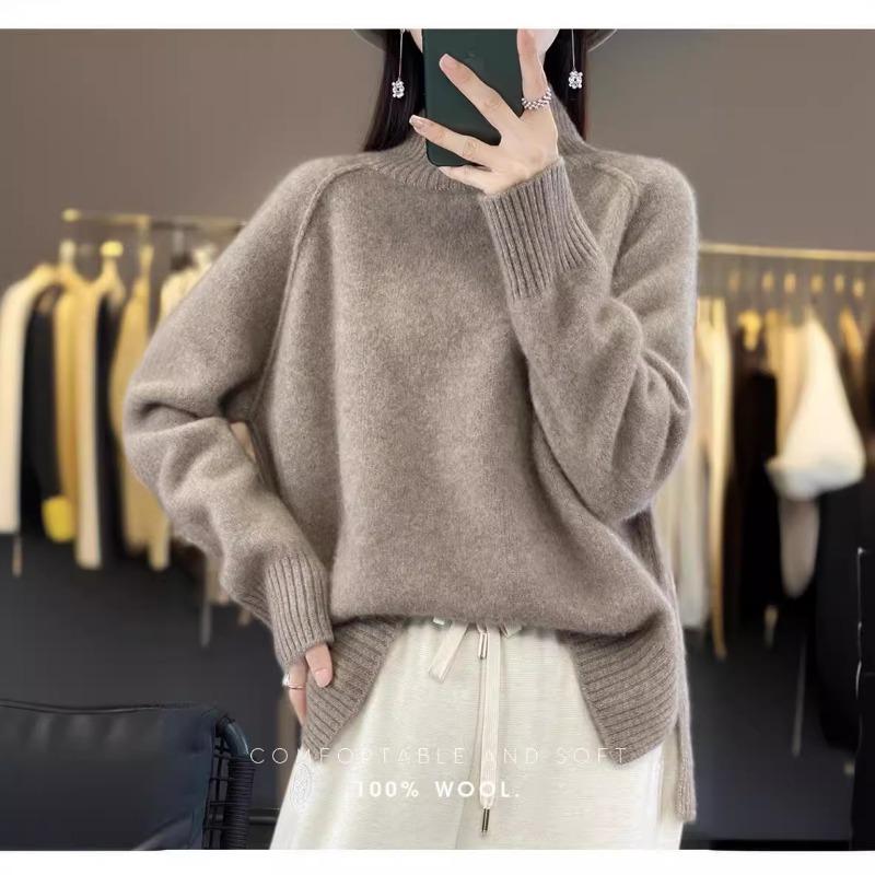 Autumn and Winter Semi-turtleneck Sweater Women's Bottoming Shirt with Fashionable and Casual Women's Shoulder Sweater Women's Simple Split Design
