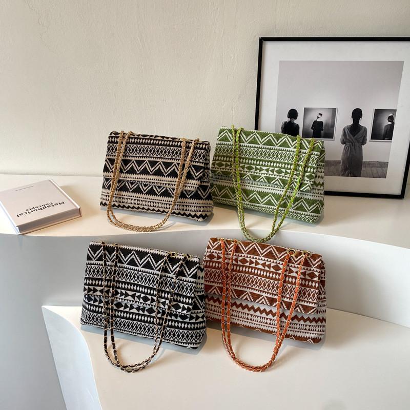 Bohemian Geometric Style Pattern Women Shoulder Chain Cloth Bag For Daily Use