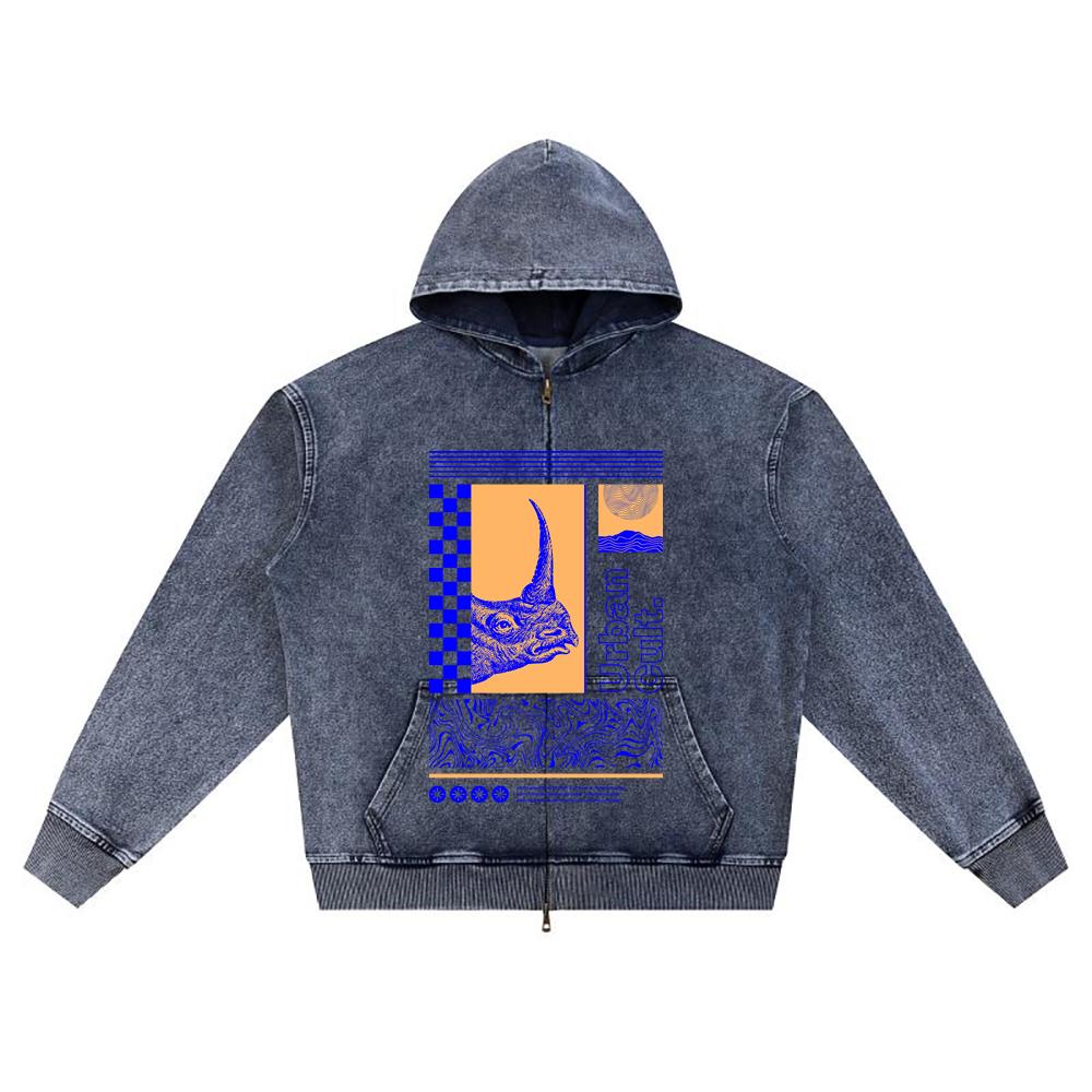 

DTG print Knitted Denim Zip-Up Hoodie surrealism Brother Print Zipper Hoodies XL