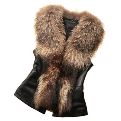 Damen Kunstlederweste Offen Vorne Ärmellos Moto Biker Jacke mit Kunstfellkragen Herbst Winter Dicke Oberbekleidung