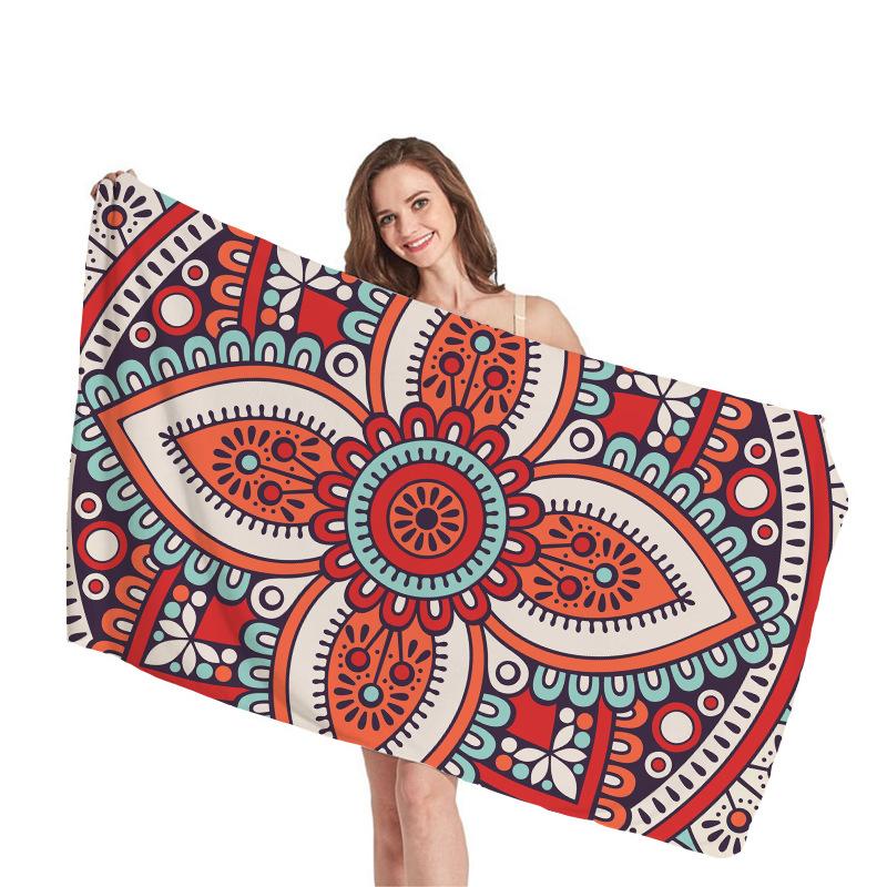 Ethnic Mandala Geometry Digital-printed Polyester Superfine Fiber Double-sided Fleece Beach Vacation Bath Towel, Beach Towel