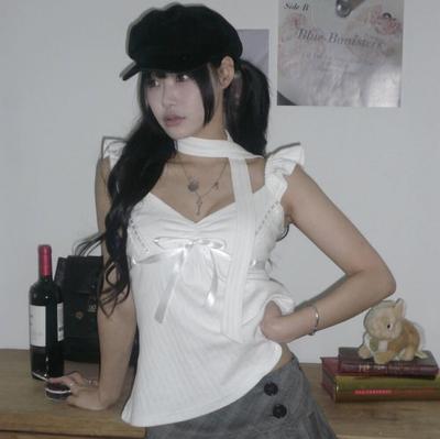 Angel Number 555 Sweet & Spicy V-Neck Lace Ribbon Top with Flutter Sleeves & Scarf