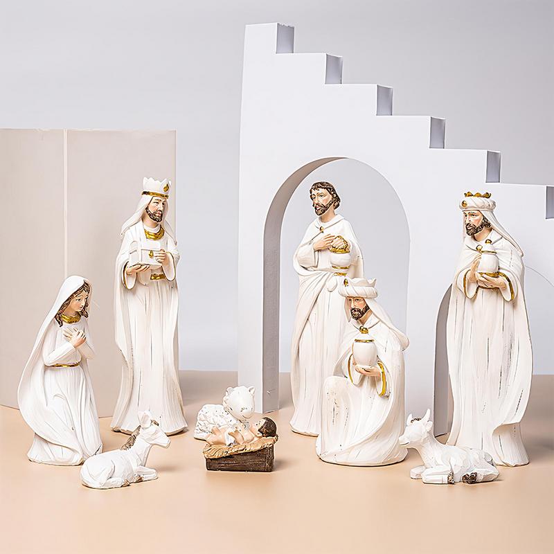 Nativity Scene Figurines Family And Angel Statue 9X Construction Indoor Resin Holiday Decor Indoor Sculpture For Religious Decor