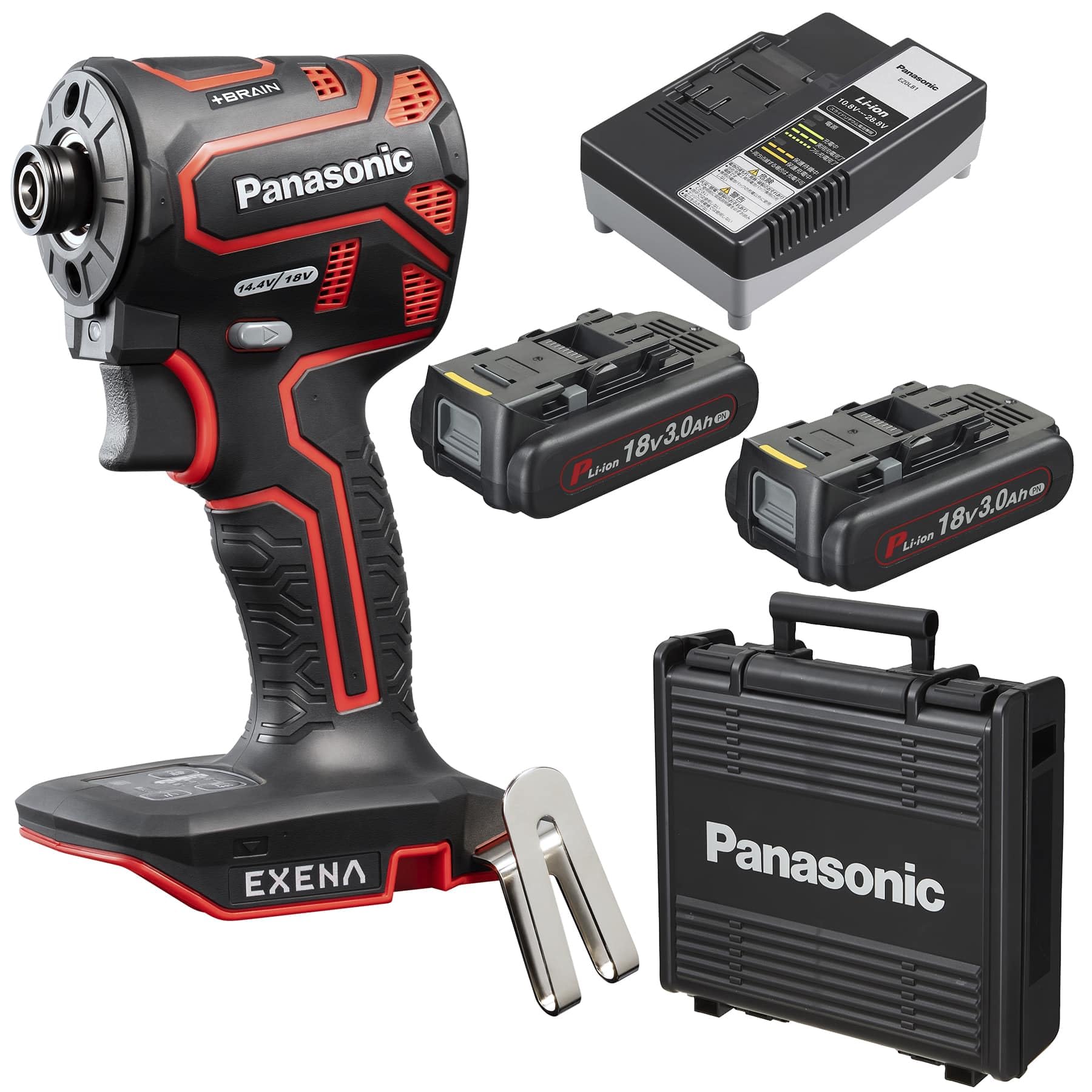 

Panasonic Rechargeable Impact Driver EXENA battery pack x case Dual BRAIN electronic clutch equipped P series Red (18V 3.0Ah 2/charger/plastic червоний