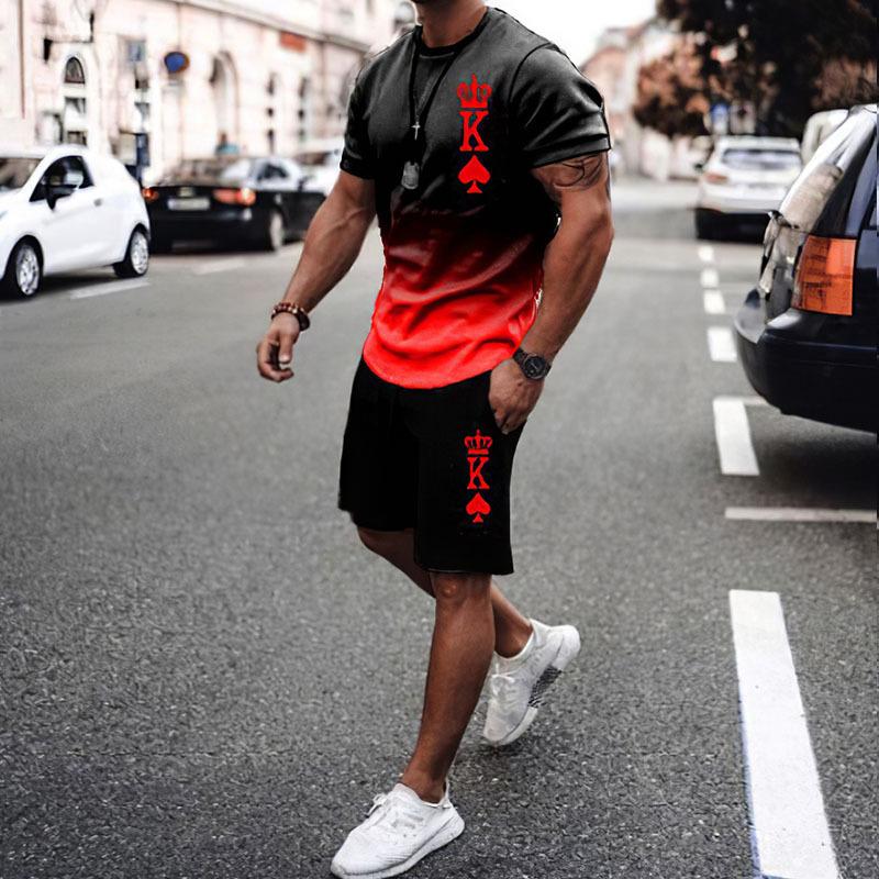 Summer Casual Men's Adult Set 3D Printed Pattern Men's Short-Sleeved T-shirt Set Gradient Cool Casual Sports Shorts two-Piece