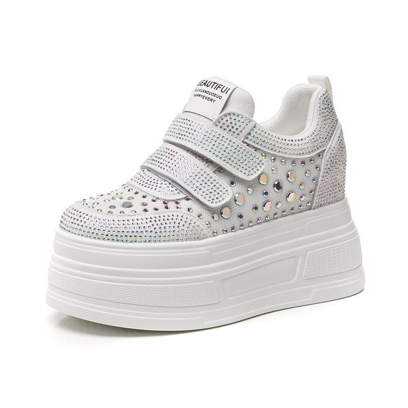 HC3591-8 thick-soled inner height-increasing muffin mesh rhinestone white shoes women's spring new sports and leisure shoes