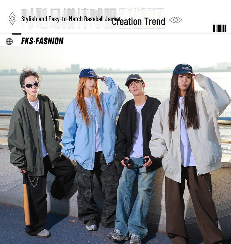 Men's Trendy Solid Color Loose Baseball Jacket for Spring & Autumn - Versatile Couple Outerwear