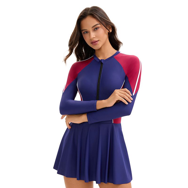 Conservative One-Piece Swimsuit Women's Color Matching Long Sleeve Sunscreen Surfing Suit Conservative Skirt Swimming Suit