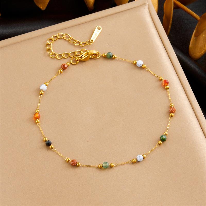 Gold Stainless Steel Natural Colored Beads Bracelet Womens New Style Concise Trend Non-fading Golden Hand Zircon Gift