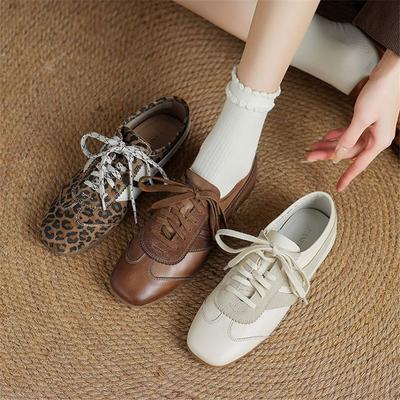 Fashion New Spring Genuine Leather Woman Shoes Square Toe Women Pumps Shoes for Women Lace Loafers Low Heel Leopard Print Flat Shoes