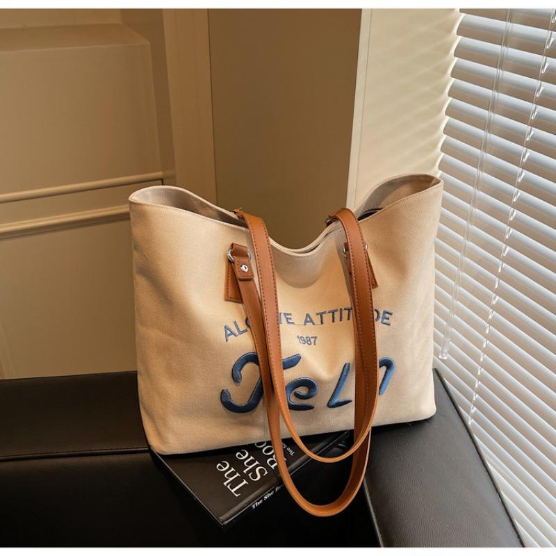 Canvas bag, letter embroidery tote bag, student commuting large capacity shoulder bag, literary shopping bag