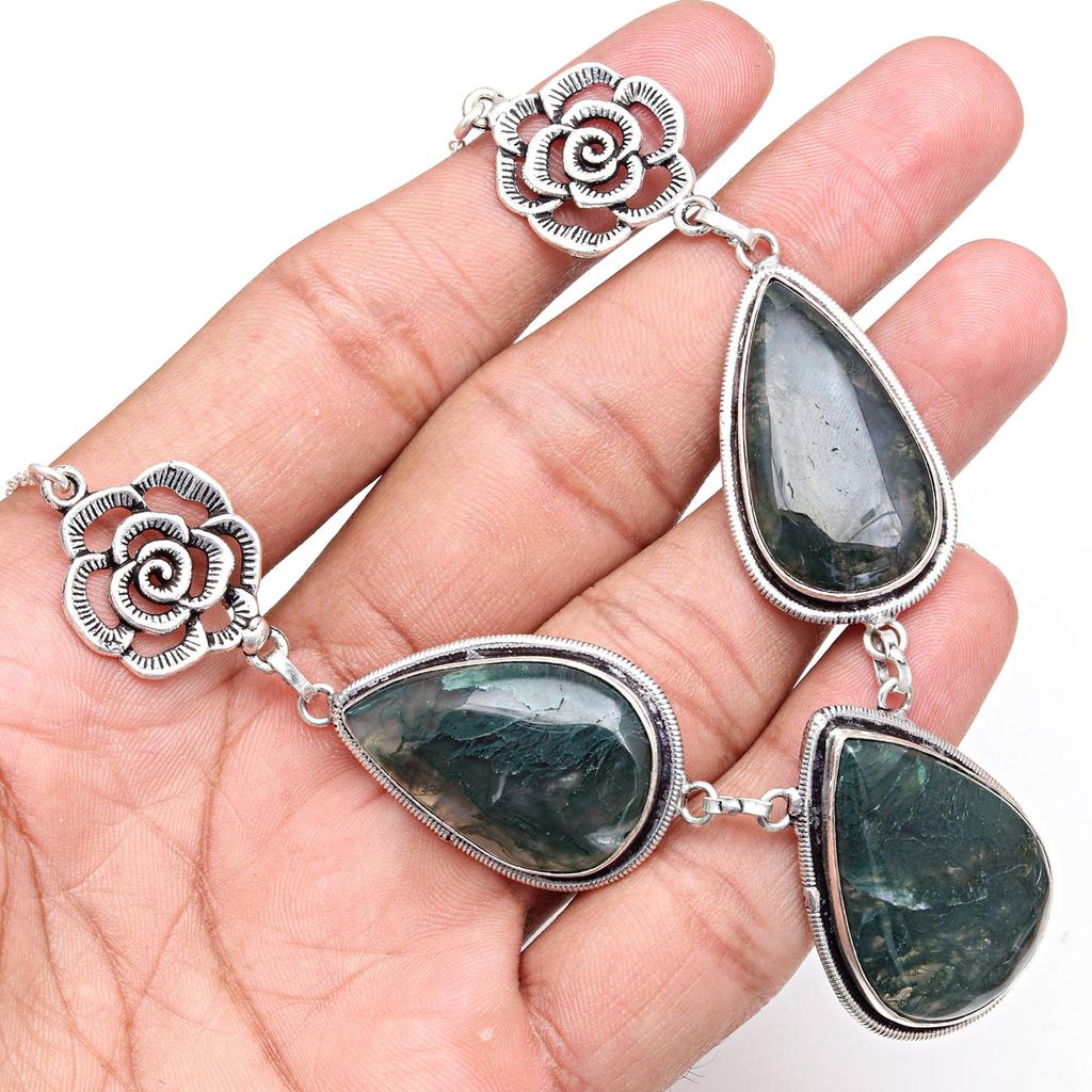 Naszyjnik z kamieni szlachetnych z agatu mchowego na Dzień Matki, ręcznie robiony, srebrny, 20 cali