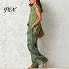 Casual Sleeveless Top Women Pants 2-Piece Set, Summer Ruffle Mock Neck Elastic Waist Suit & Plaid Wide Leg Pants, Vintage Loose Outfit Set Two