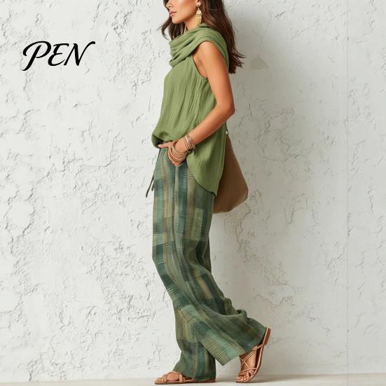 Casual Sleeveless Top Women Pants 2-Piece Set, Summer Ruffle Mock Neck Elastic Waist Suit & Plaid Wide Leg Pants, Vintage Loose Outfit Set Two