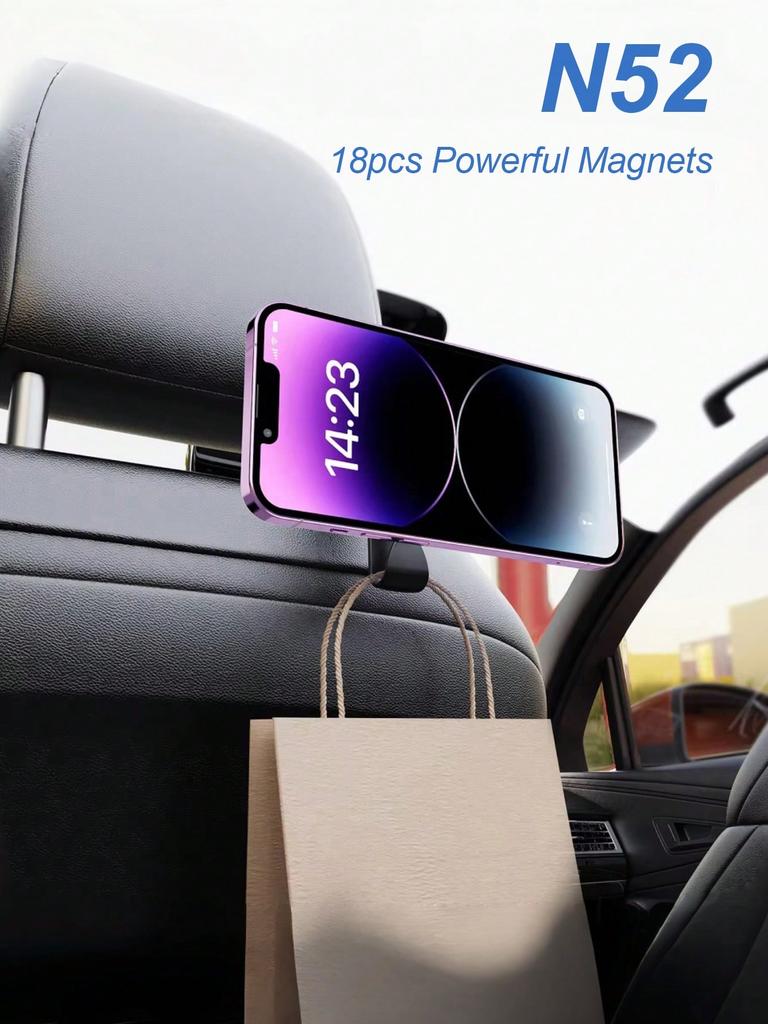 Car Backseat Magnetic Phone Mount – 360° Rotatable Holder with Hook, Ideal for Navigation & Video Viewing