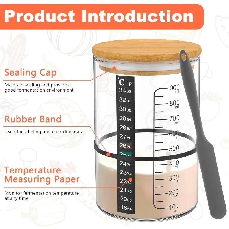 900ml Sourdough Starter Jar with Wooden Lid Sourdough Starter Container Wide Mouth Clear Sourdough Fermentation Glass Jar Tools
