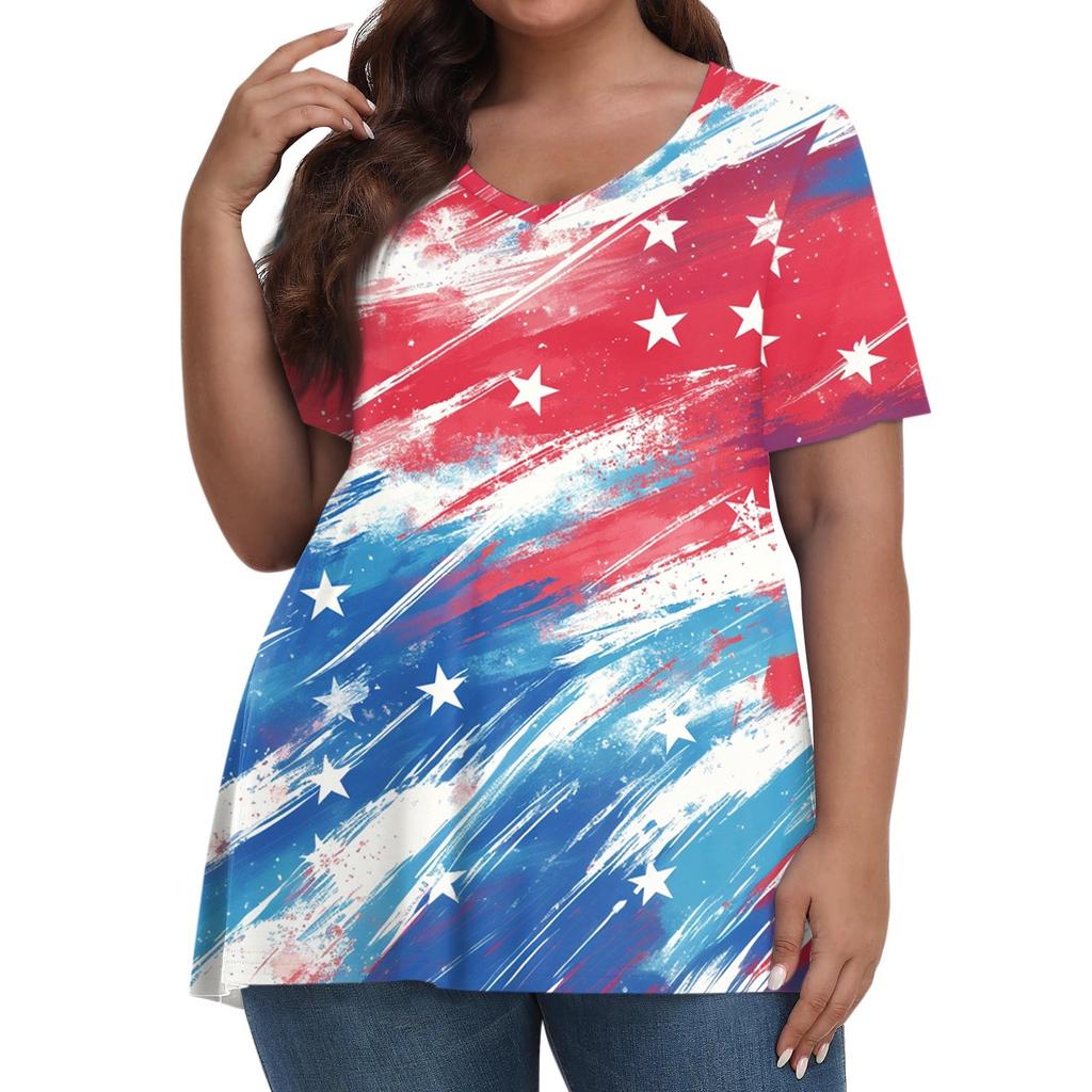 Women's Fashion Casual V-Neck Pullover Short Sleeve Large Size Printed T-Shirt Top