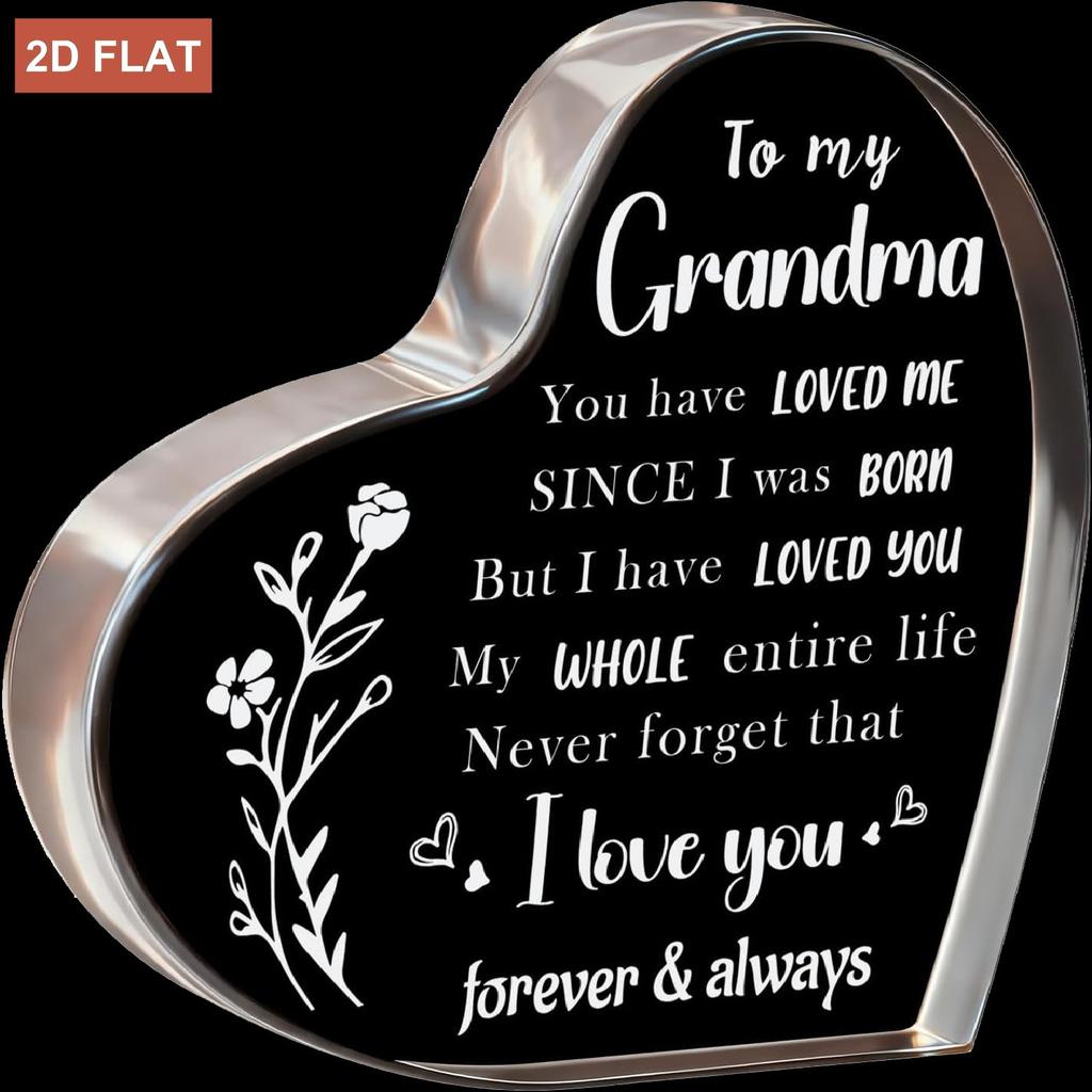 2D Flat Grandma Gifts for Mother'S Day, Grandma Birthday Gifts, Heart-Shaped Acrylic Keepsake for My Grandma, Mother'S Day Birthday Gift for Grandma F