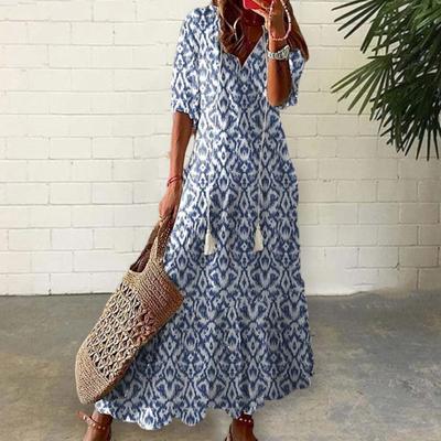 V-neck Half Sleeve Lace-up Tassel Large Hem Female Dress Summer Floral Print Beach