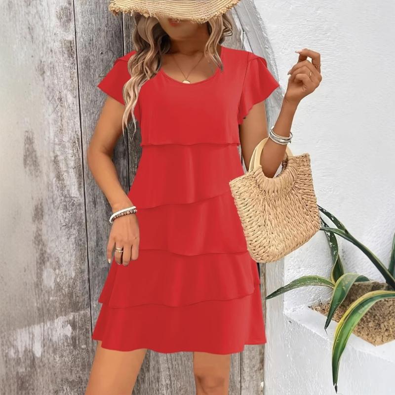 Women's Short Sleeve Crew Neck Ruffle Tiered Layered Flowys Swing Long Midi Dress Summer Dresses Casual Loose Dresses