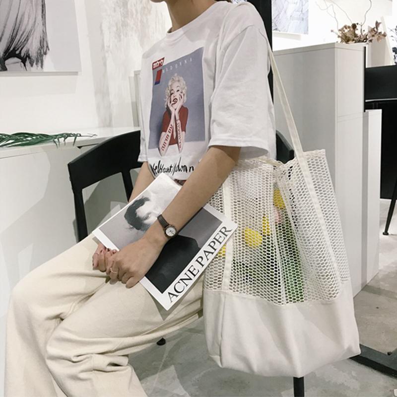 Women's Mesh Hollow Out Sandy Beach Package Large Capacity Shoping Shoulder Bag Canvas Female Tote Bags