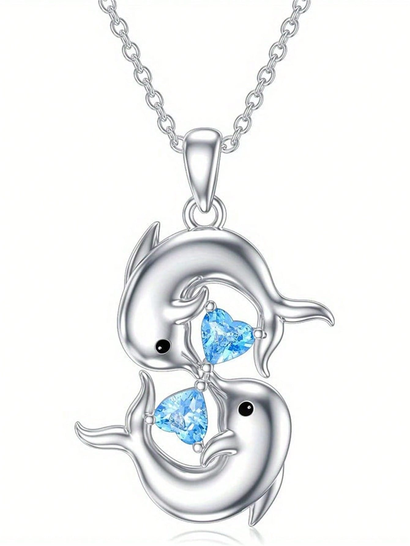 

1 штука ожерелья с подвеской в виде двух игривых дельфинов и синего кристалла в форме сердца, универсальное ожерелье, отличный подарок на День матери, День святого Валентина 45-50cm серебряный