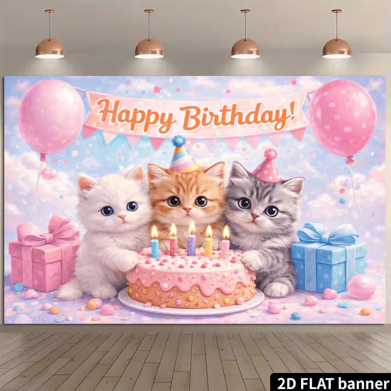Banner Sfondo 2D Gatto e Torta Buon Compleanno Rosa Blu Festa Photo Booth Sfondo