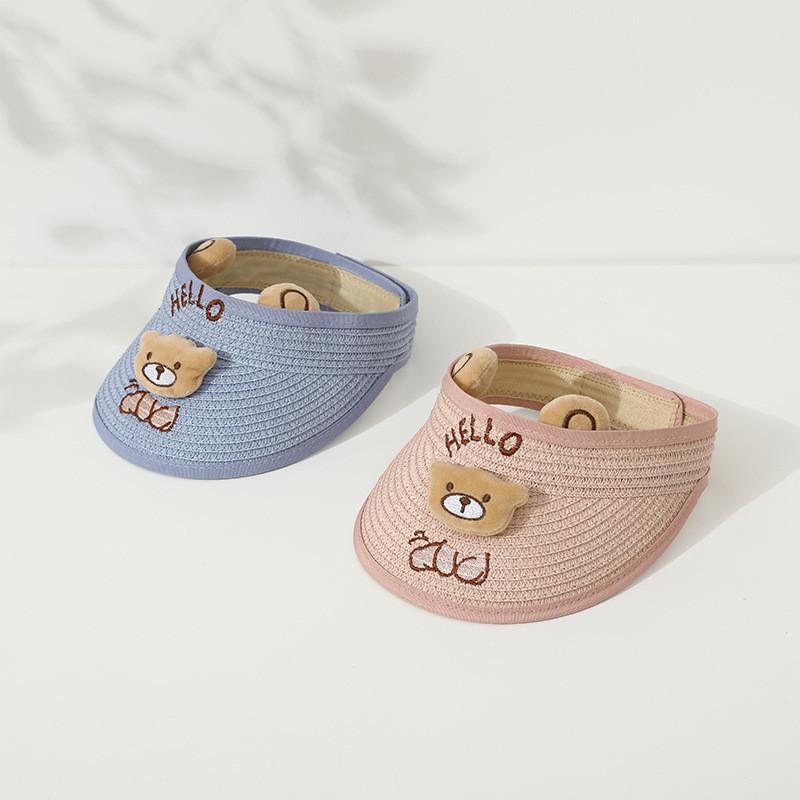 Children's Summer Straw Hat With Wide Brim Cute Bear Ears Breathable Sunshade Cap
