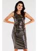 Shiny Midi Dress with Tie At the Hips, Gold S