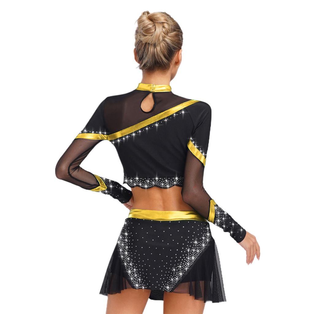 Womens Cheerleading Costume Set Long Sleeve Rhinestone Crop Top Matching Dance Skirt Performance Outfit