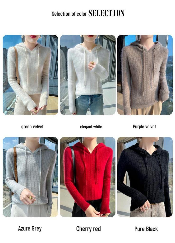 Women's 100% Pure Wool Cable Knit Hoodie Sweater - Autumn/Winter Collection.