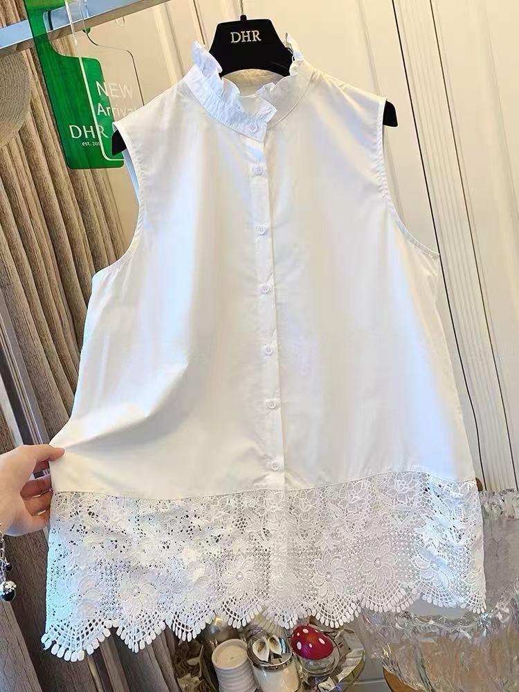 

Премиум кружево сращивание внутри безрукавка рубашка нишевая мода штабелирование иностранный удобный кардиган топ 2XL белый