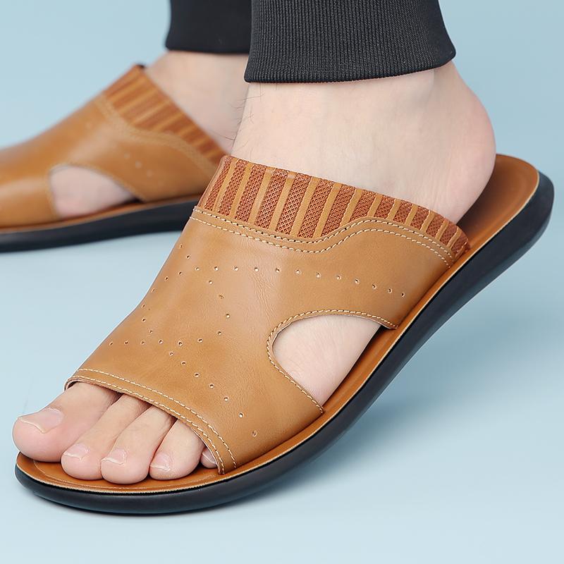 Fashion Men's Luxury Leather Slippers Non-Slip Sole Comfortable Open-Toe Slide Sandals Home Hotel Slipper Lightweight Summer Slippers