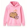 Kids Boys Girls Casual Hoodie, Cute Cartoon Capybara Eating Donut Print Pullover Hooded Sweatshirt, Cozy Long Sleeve Top For Daily Casual