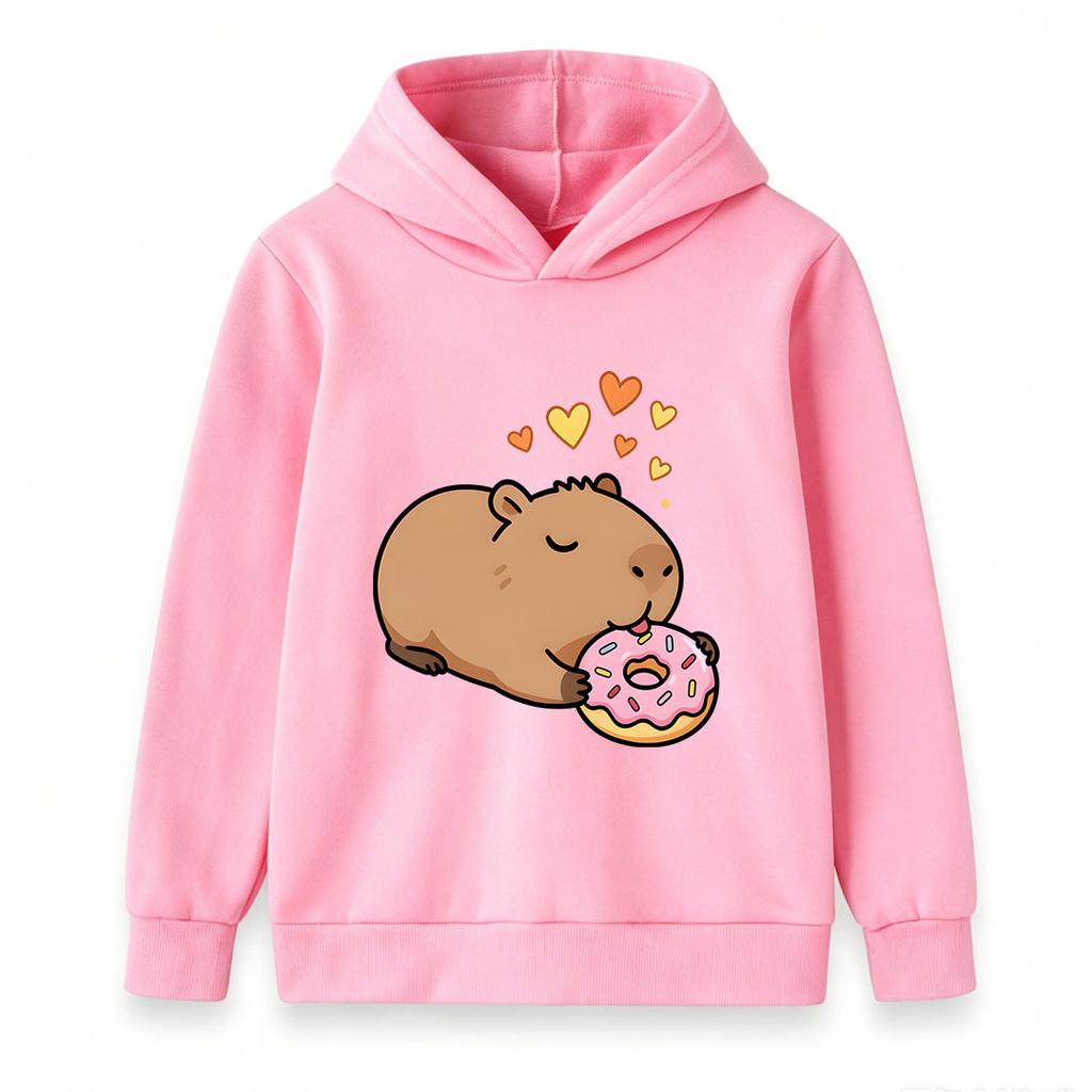 Kids Boys Girls Casual Hoodie, Cute Cartoon Capybara Eating Donut Print Pullover Hooded Sweatshirt, Cozy Long Sleeve Top For Daily Casual